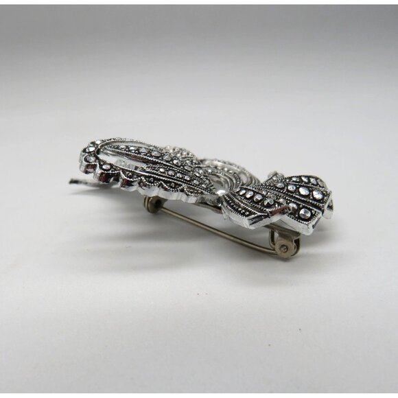 West Germany Flower Brooch Silver Tone Leaf Ribbon 1.5" Vintage Marcasite Look - Picture 6 of 11